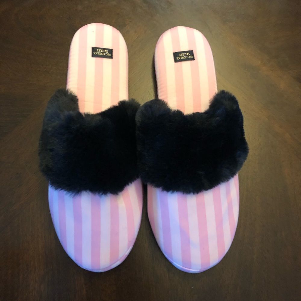 Victoria Secret Slippers • size Large • pink stripes • black fur •